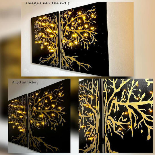Diptych Painting Tree of Life Gold Black Light