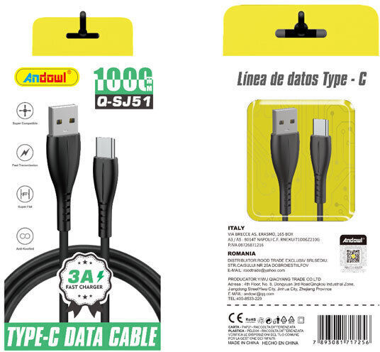 Andowl Q-sj122 USB 2.0 Cable USB-C male - USB-A 60W 1m