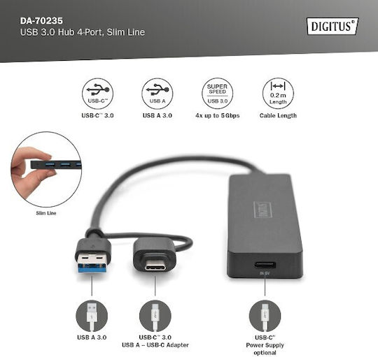 Digitus Hub 5 Porturi USB 3.0 cu Conectare USB-A / USB-C