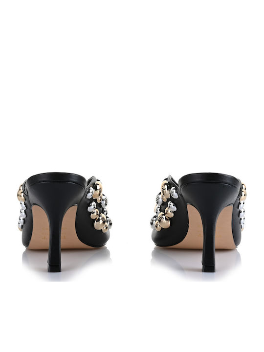 Leather Mules with Thin High Heel in Black Color