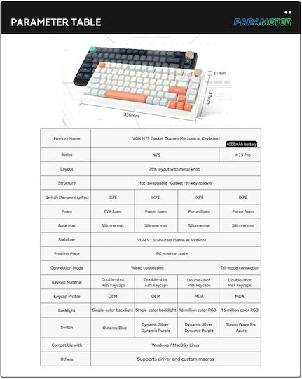 VGN N75 PRO Drahtlos Gaming Tastatur mit RGB-Beleuchtung (Englisch US) Jelly Orange