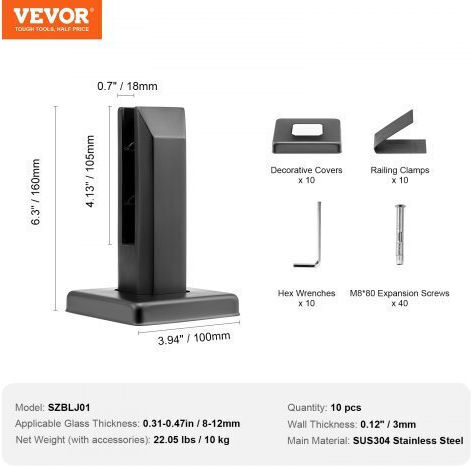 Vevor Glasklemme 10 Stück quadratische Basis Geländer Glas 0,31"-0,47" Schwarz Bllgjhsfxpt1qw8pav0