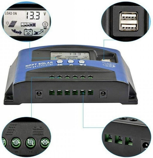 Controler de Încărcare Solară MPPT 50A, Afișaj LCD Dublu, 12V 24V, USB, Baterie Litiu, Albastru