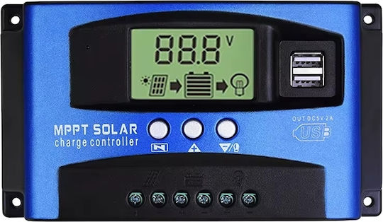Controler de Încărcare Solară MPPT 50A, Afișaj LCD Dublu, 12V 24V, USB, Baterie Litiu, Albastru
