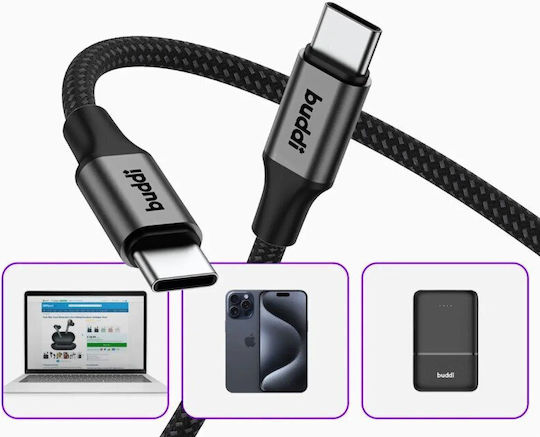 Buddi Magnetisch / Geflochten USB 2.0 Kabel USB-C männlich - USB-C 60W Schwarz 1m