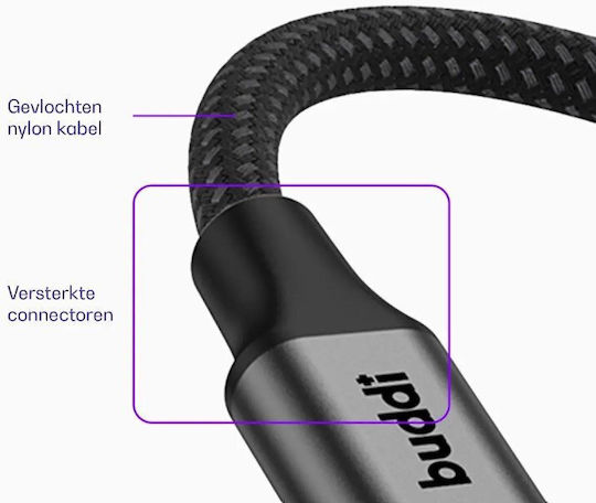 Buddi Magnetisch / Geflochten USB 2.0 Kabel USB-C männlich - USB-C 60W Schwarz 1m