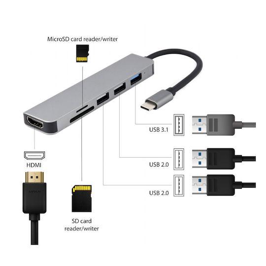 Cablexpert USB-C Docking Station με HDMI 4K Γκρι (A-CM-COMBO6-02)