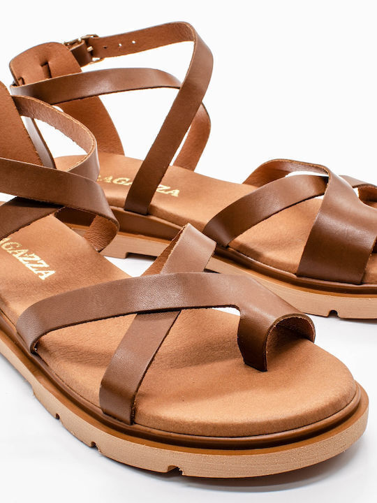 Leder Flache Damen Sandalen Tabac