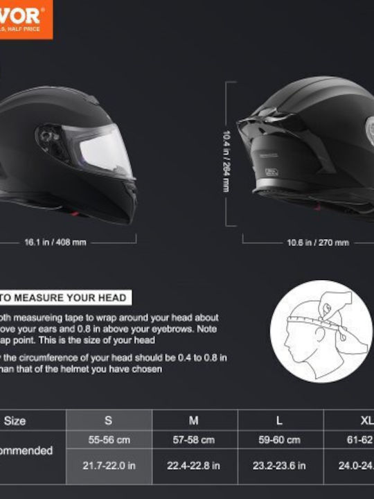 Vevor Κράνος Μηχανής Full Face ECE 22.06 1690gr