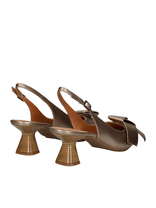 Leather Gold Medium Heels with Strap