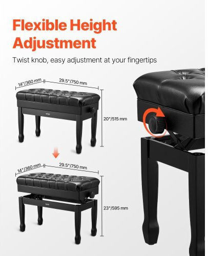 Vevor Adjustable Piano Bench Storage Space Padded Seat Wooden Library Stool