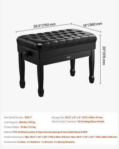 Vevor Adjustable Piano Bench Storage Space Padded Seat Wooden Library Stool