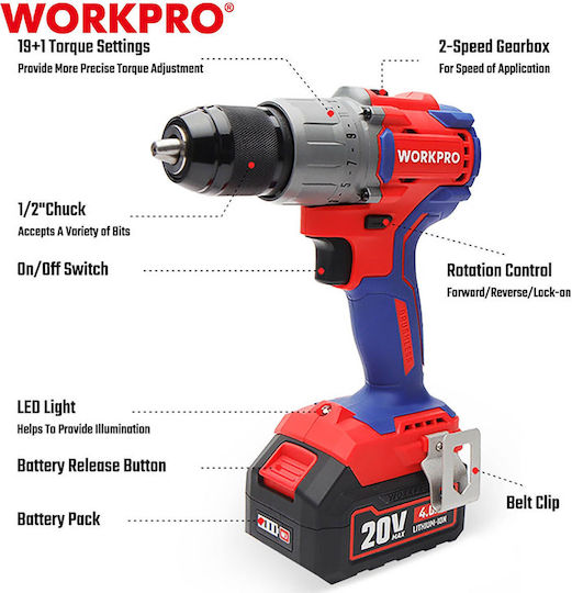 WorkPro WP390008 Akkuschrauber Batteriebetrieb Brushless 20V 2x4Ah