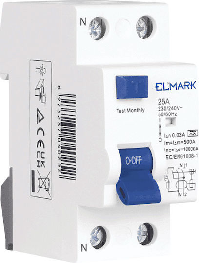 Elmark Ρελέ Ράγας Διαρροής 40A Διπολικό με Τάση 230V 40A/30mA 6kA