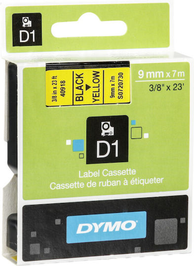 Dymo Standard Label Maker Tape 40918 9mm x 7m Black Text on Yellow Background S0720730 Dymo40918