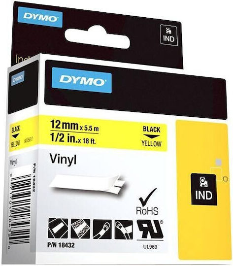 Dymo 18432 Tainie Etichetare 5m x 12mm în Culoare Galbenă Serie Compatibilă cu Dymo D1, Dymo Rhino/IND