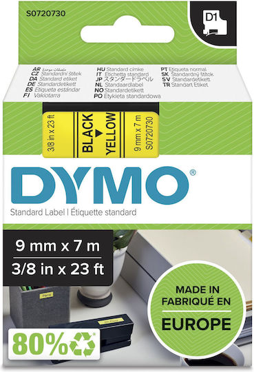 Dymo Standard Label Maker Tape 40918 9mm x 7m Black Text on Yellow Background S0720730 Dymo40918