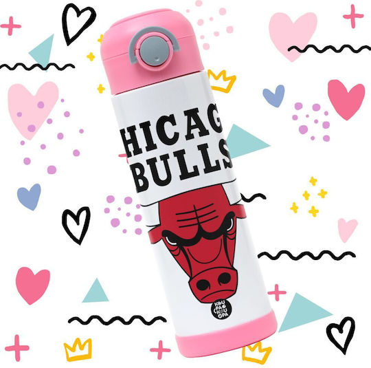 Koupakoupa Sticlă Pentru Copii NBA Din Oțel Inoxidabil Cu Pai Roz 500ml