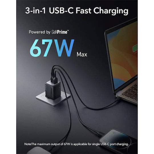 Anker Φορτιστής Χωρίς Καλώδιο GaN με Θύρα USB-A και 2 Θύρες USB-C 67W Μαύρος (Prime)