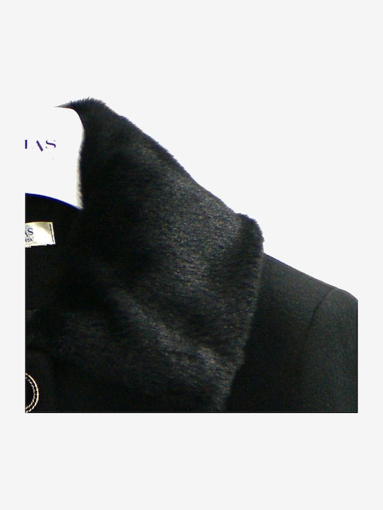 Women's black Peacoat with Fur Details