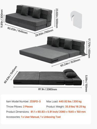 Multifunctional Bean Bag Chair Sofa Dark Gray 206x154.5x15cm