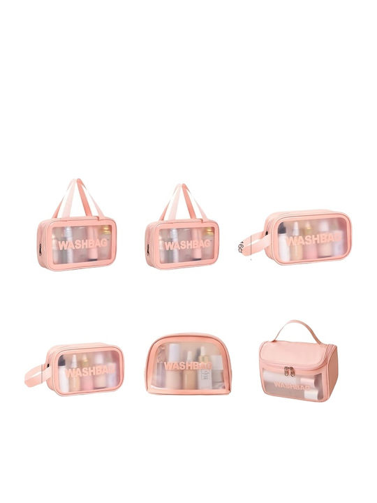 Travel Cosmetic Bag Set Tecos 6 Different Sizes Waterproof Pink