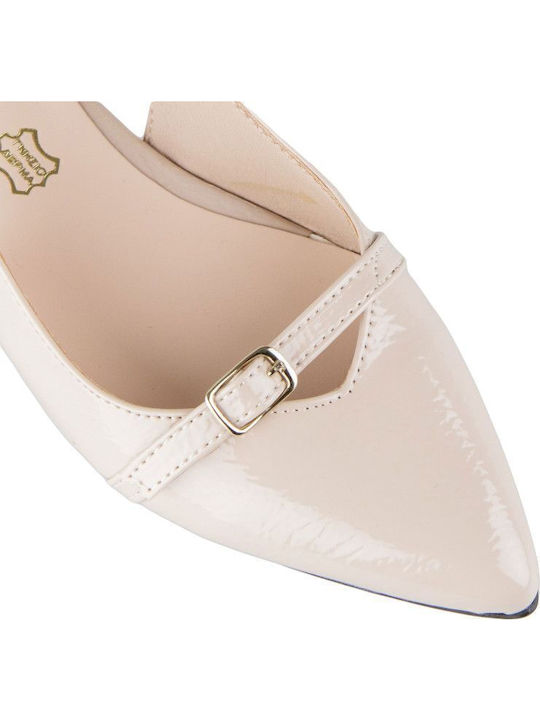 Patent Leather Pointy Slingback Ballerinas With strap Beige