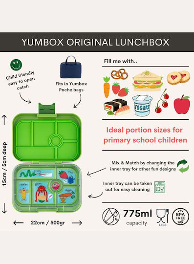 Yumbox Original 6-секции Кутия за обяд Матча Зелено Забавни чудовища