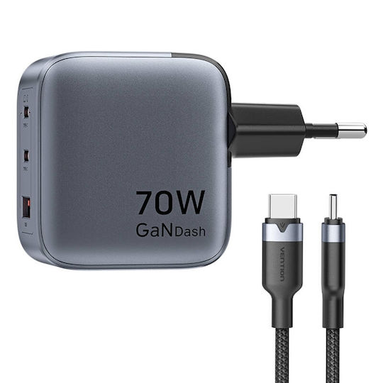 Vention Φορτιστής Χωρίς Καλώδιο GaN με Θύρα USB-A και 2 Θύρες USB-C 70W Power Delivery / Quick Charge 3.0 Γκρι (TZ-FEXH0-EU)