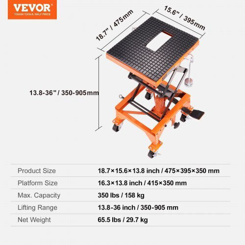 Cric hidraulic pentru motociclete Vevor, capacitate 158 kg, interval de ridicare 350-905 mm