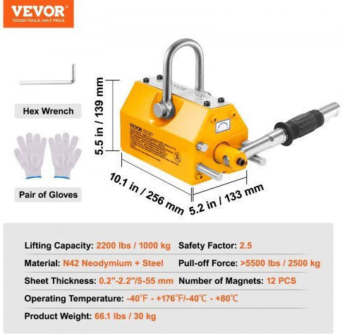 Troliu Magnetic Vevor 1000 Kg Factor de Siguranță 2.5 Dimensiuni Bază 256 X 133 X 139 Mm