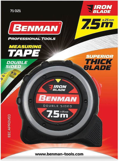 Benman Iron Blade Tape Measure with Auto-Rewind 25mm x 5m