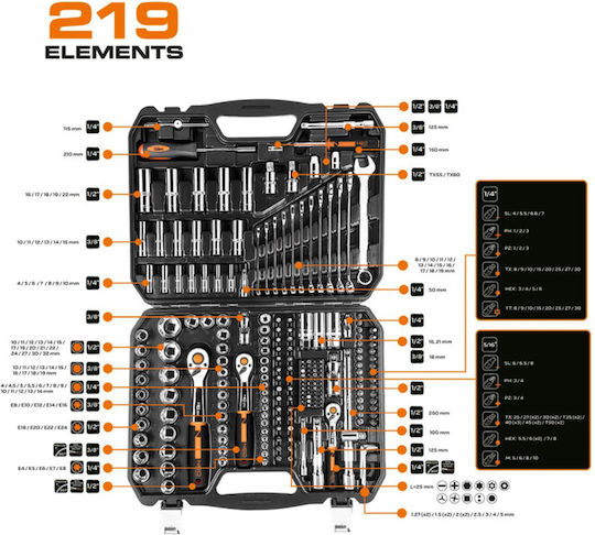 Neo Tools Καστάνια με Καρυδάκια 1\2" & 1\4" & 3\8" 219τμχ