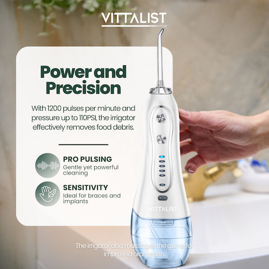 Преносим професионален орален иригатор Орален душ Vittalist 5 нива на интензивност 8 дюзи включени USB включен IPX7 водоустойчив 300 мл резервоар 1200 пулсации в минута батерия
