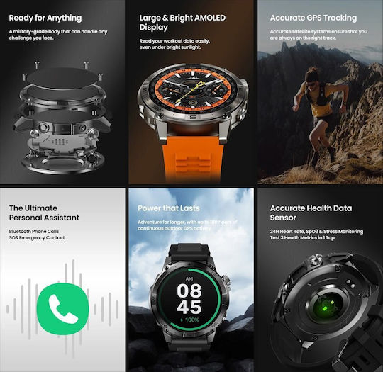Zeblaze Stratos 2 Plus Edelstahl 48mm Smartwatch mit Pulsmesser (Schwarz)