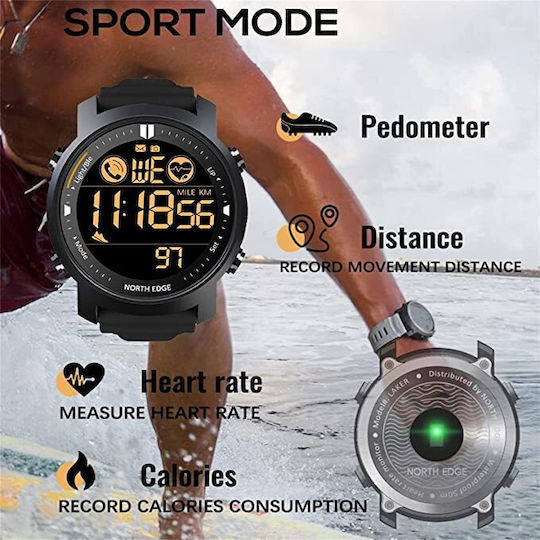 North Edge Laker 44mm Wasserdicht Smartwatch mit Pulsmesser (Schwarz)