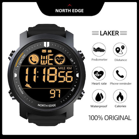 North Edge Laker 44mm Wasserdicht Smartwatch mit Pulsmesser (Schwarz)