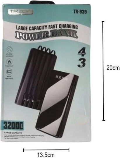 TR-939 Power Bank 32000mAh with 3 USB-A Ports and USB-C Port Black / Red