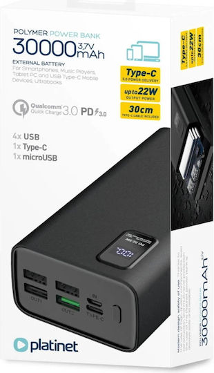 Platinet PL0415 Power Bank 30000mAh 22.5W с 4 USB-A порта и USB-C порт Power Delivery / Бързо зареждане 3.0 Черен