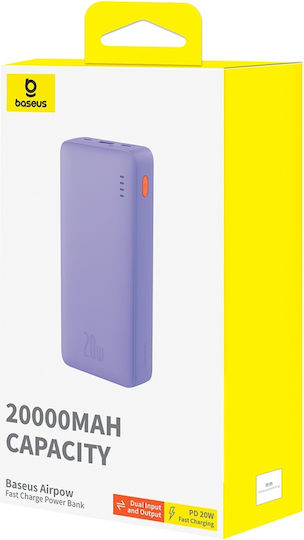 Baseus Airpow Power Bank 20000mAh 20W με Θύρα USB-A και Θύρα USB-C Power Delivery Μωβ