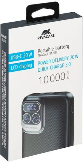Rivacase Baterie Externă 10000mAh 20W Cu 2 Porturi De Ieșire USB-A Și Port USB-C Power Delivery Încărcare Rapidă Neagră