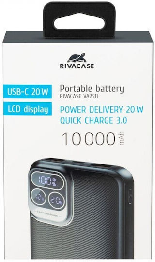Rivacase Baterie Externă 10000mAh 20W Cu 2 Porturi De Ieșire USB-A Și Port USB-C Power Delivery Încărcare Rapidă Neagră