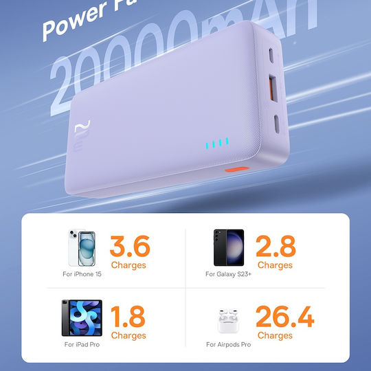 Baseus Airpow Power Bank 20000mAh 20W με Θύρα USB-A και Θύρα USB-C Power Delivery Μωβ