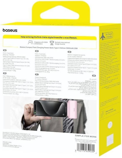 Baseus Compact Series Built-in Type-C Power Bank 5000mAh 20W με Θύρα USB-C Power Delivery / Quick Charge 3.0 Ροζ