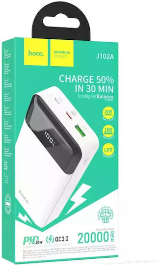 Hoco J102A Power Bank 20000mAh 20W with USB-A and USB-C Output Ports Power Delivery Quick Charge White