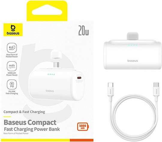 Baseus Compact Series Built-in Type-C Power Bank 5000mAh 20W с USB-C порт Power Delivery / Бързо зареждане 3.0 Бял