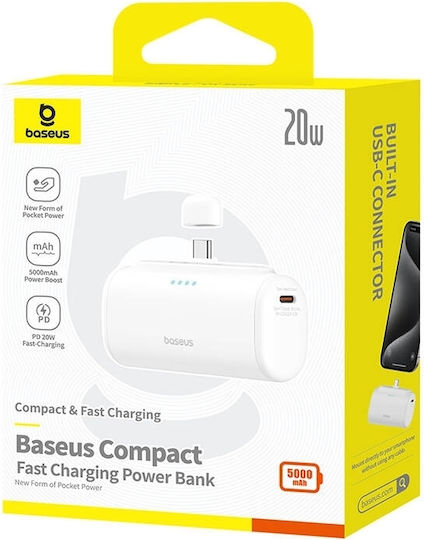Baseus Compact Series Built-in Type-C Power Bank 5000mAh 20W с USB-C порт Power Delivery / Бързо зареждане 3.0 Бял