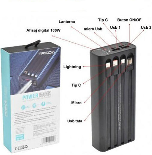 Treqa TR-967 Power Bank 20000mAh με 2 Θύρες USB-A και Θύρα USB-C Μαύρο