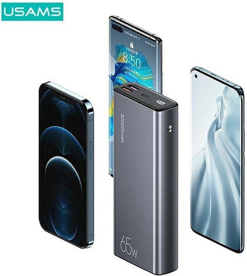 Usams PB68 Power Bank 30000mAh 65W με 2 Θύρες USB-A και Θύρα USB-C Quick Charge 3.0 Μαύρο