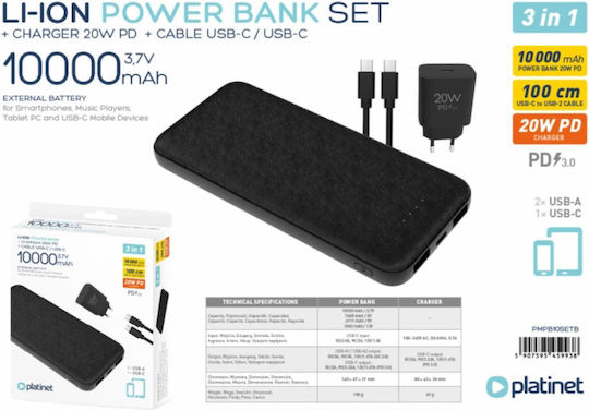 Platinet PMPB10SETB Power Bank 10000mAh 20W με 2 Θύρες USB-A Power Delivery Μαύρο